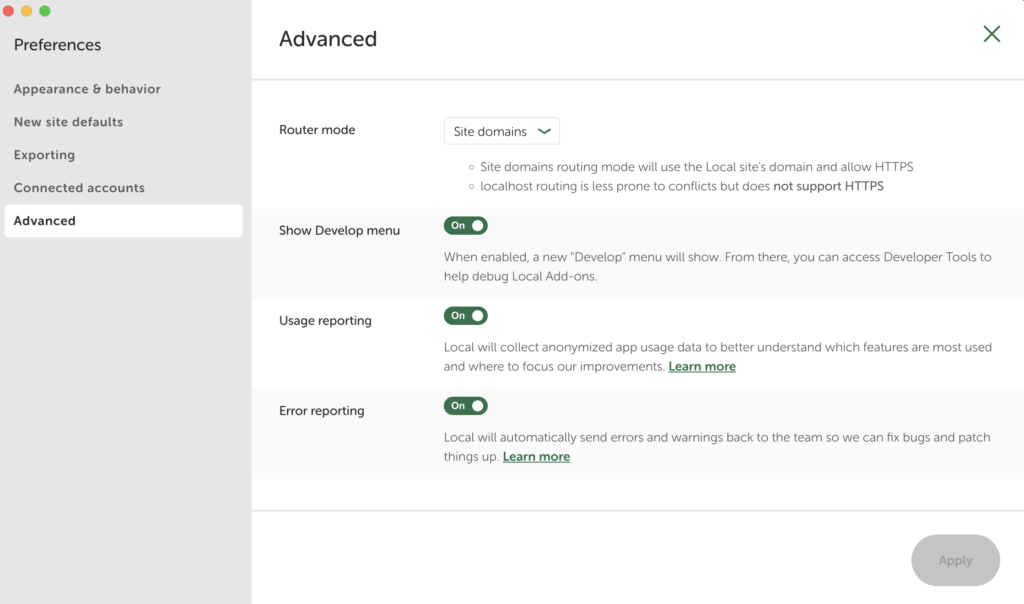 Onglet "Advanced" des préférences Local avec le réglage "Router mode" sur "Site domains", et les options "Show Develop menu", "Usage reporting" et "Error reporting".