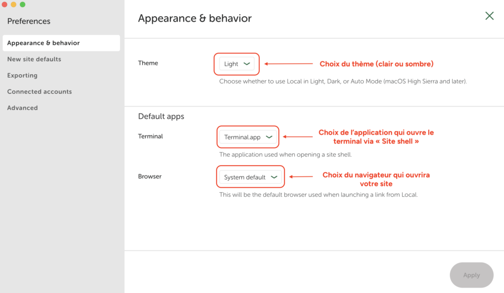 Onglet "Appearance & behavior" avec le choix du thème, de l'application terminal et du navigateur par défaut.
