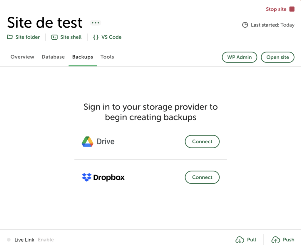 Onglet "Backups" de Local proposant de connecter Google Drive ou Dropbox pour créer des sauvegardes.