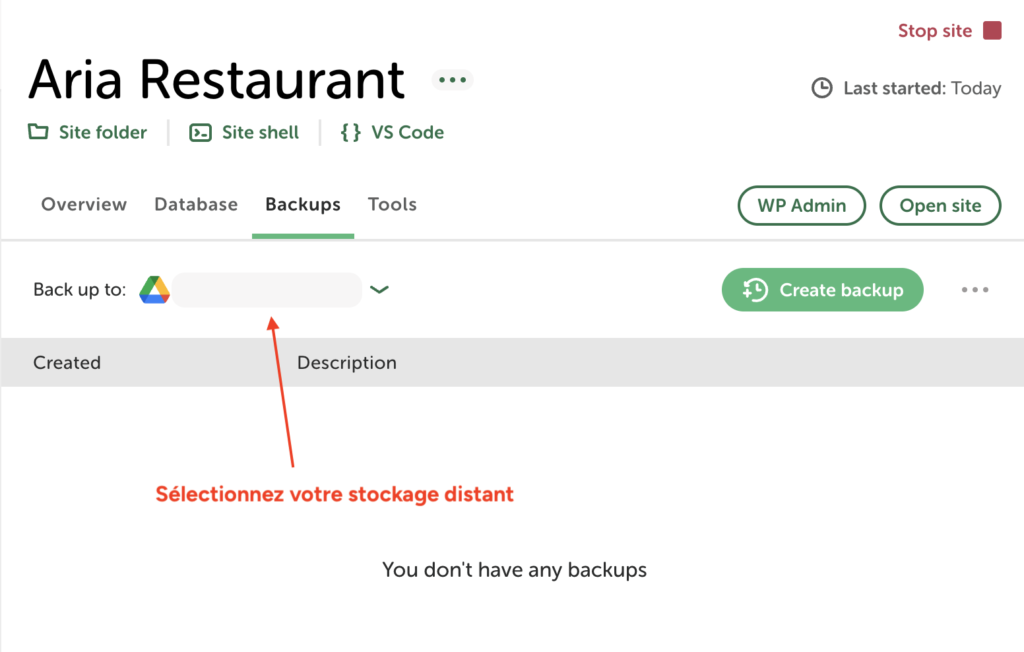 Onglet "Backups" d'un site Local avec le menu déroulant pour sélectionner le stockage distant et le bouton "Create backup".