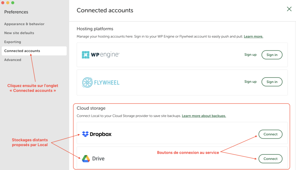 Onglet "Connected accounts" des préférences de Local avec les boutons de connexion à Dropbox et Google Drive.