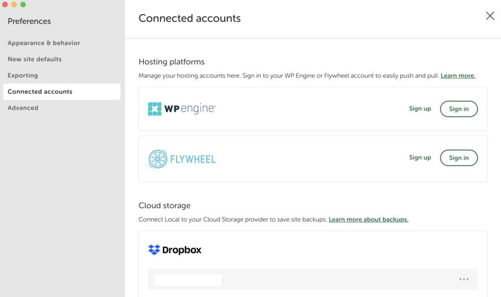Onglet "Connected accounts" des préférences Local, section "Hosting platforms" avec les boutons de connexion à "WP Engine" et "Flywheel".