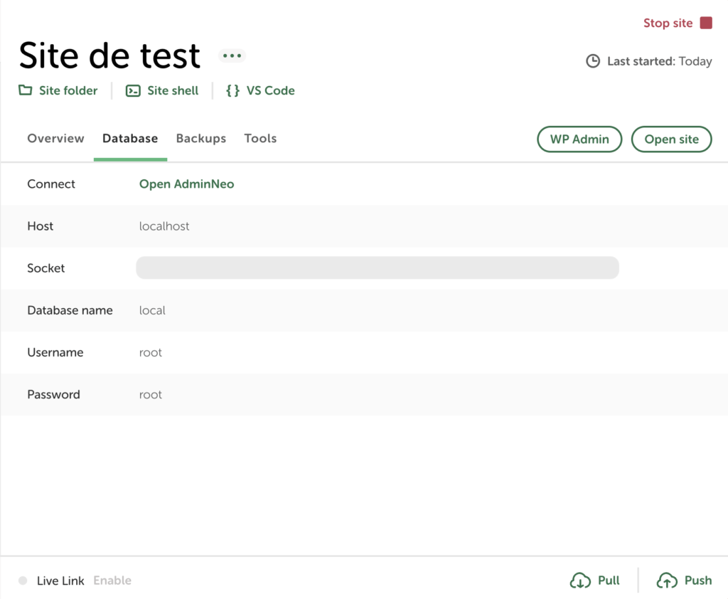 Onglet "Database" de Local avec l'accès AdminNeo et les identifiants de connexion à la base locale.