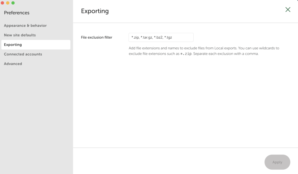 Onglet "Exporting" des préférences Local avec le champ "File exclusion filter" et ses extensions exclues par défaut.