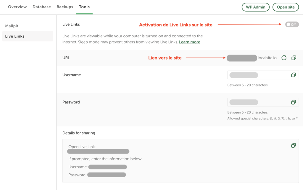 Panneau "Live Links" avec le bouton d'activation, l'URL générée, le nom d'utilisateur, le mot de passe et le bloc "Details for sharing" à transmettre au client.