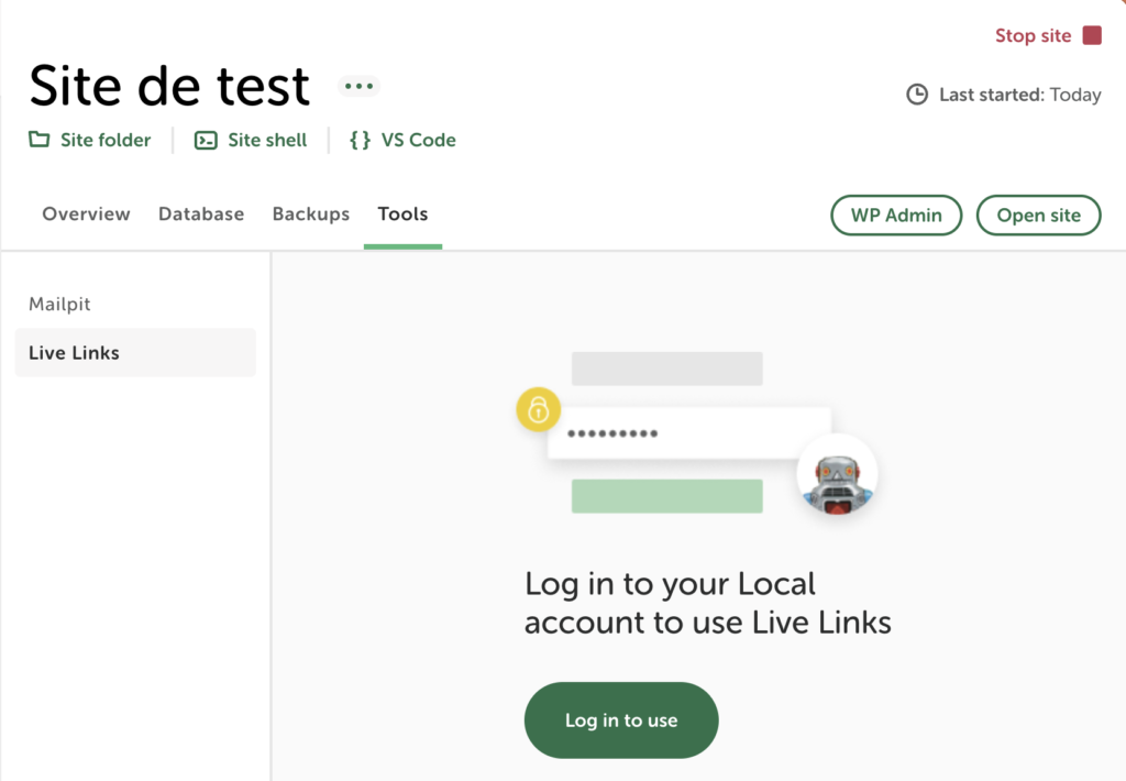 Onglet "Tools" de Local avec le sous-onglet "Live Links" demandant une connexion au compte Local.