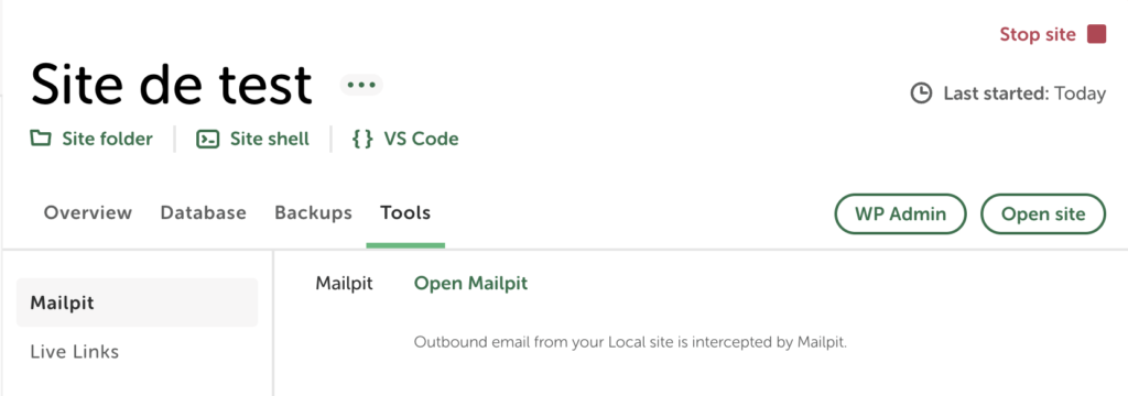 Onglet "Tools" de Local avec le sous-onglet Mailpit qui intercepte les emails sortants du site.