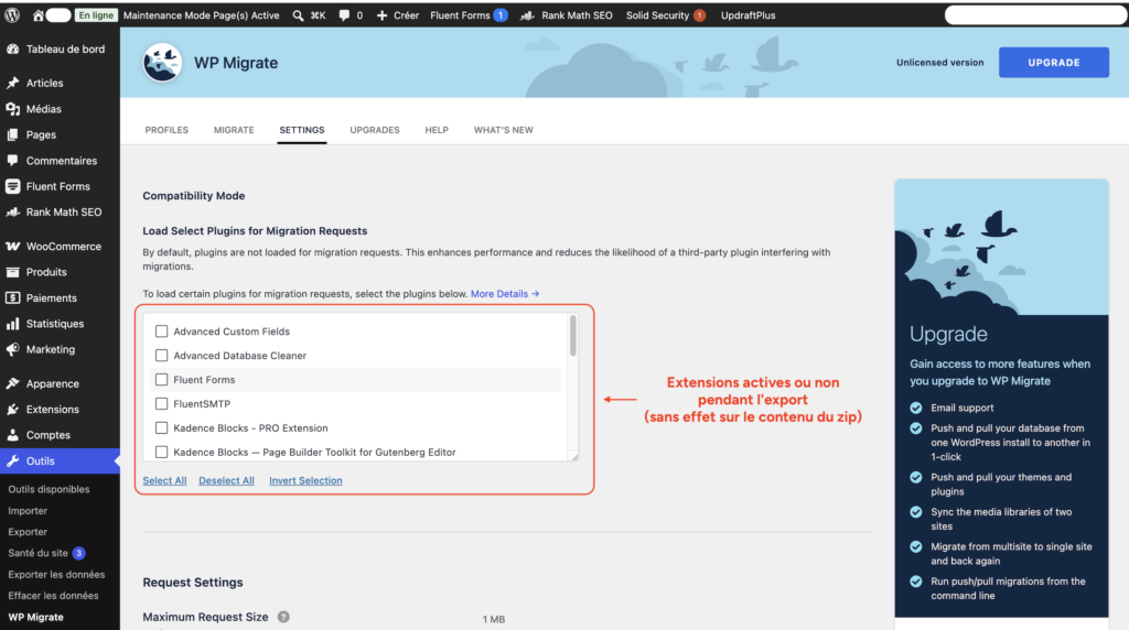Onglet "Settings" de WP Migrate Lite, section "Compatibility Mode" avec la liste des extensions non cochées par défaut.
