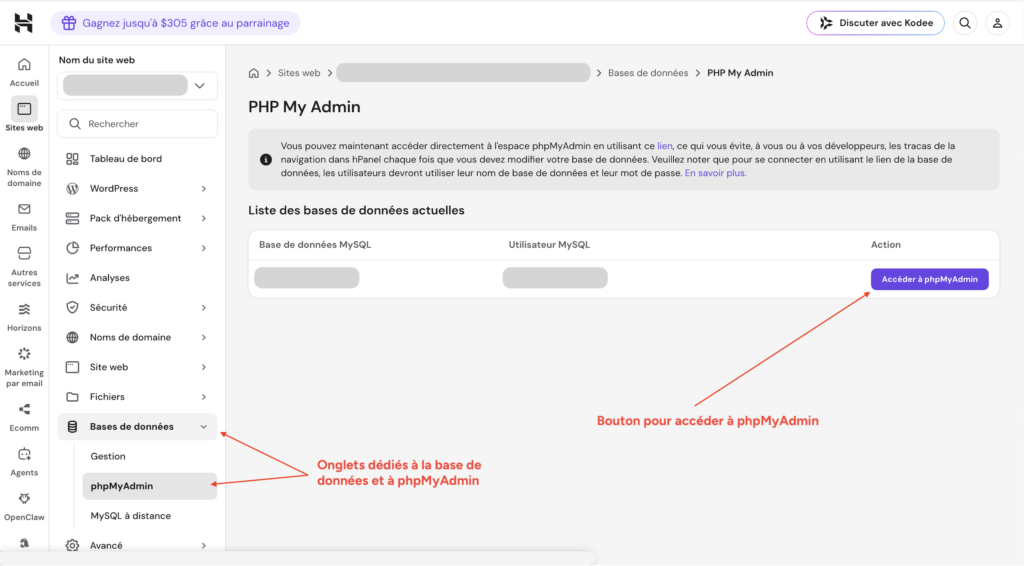 Page phpMyAdmin du hPanel Hostinger avec le bouton Accéder à phpMyAdmin pour la base de données du site.