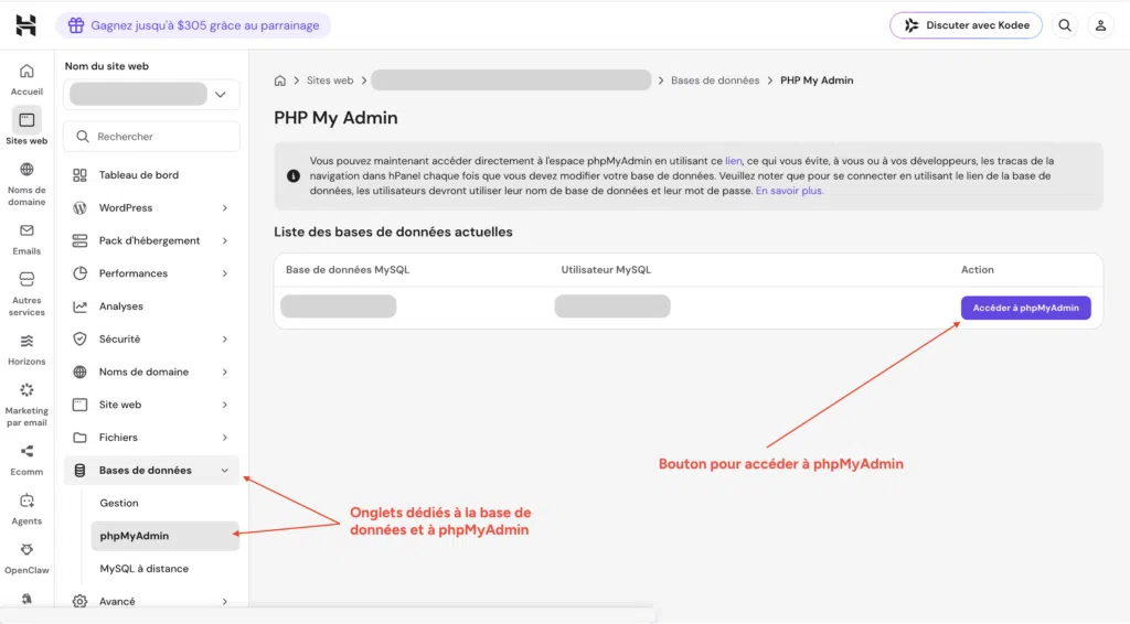 Page phpMyAdmin du hPanel Hostinger avec le bouton Accéder à phpMyAdmin pour la base de données du site.