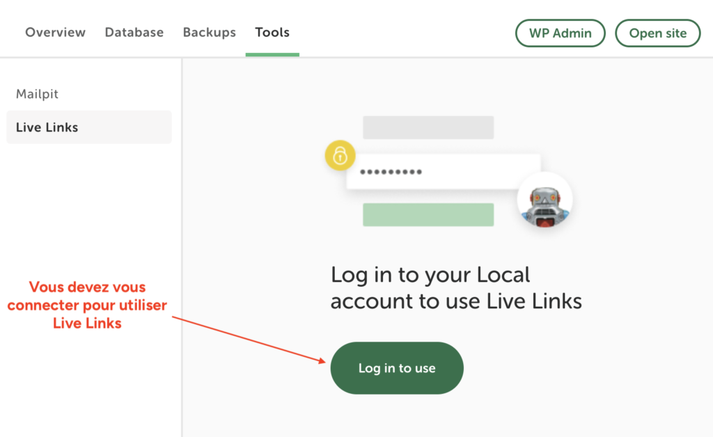 Onglet "Tools" avec la section "Live Links" demandant de se connecter à son compte Local via le bouton "Log in to use".