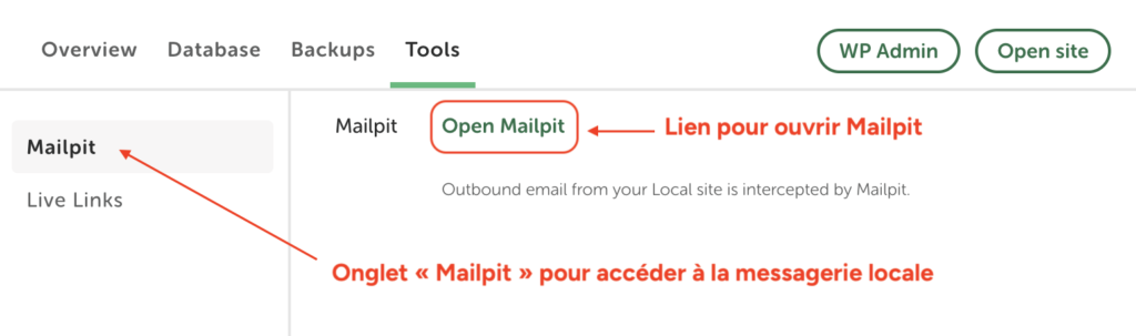 Onglet "Tools" d'un site Local avec la section "Mailpit" et le lien "Open Mailpit".