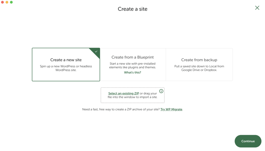 Écran de création d'un site sur Local avec les choix nouveau site, Blueprint, sauvegarde ou import zip.