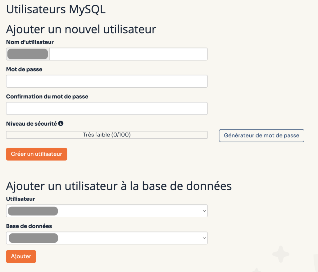 Formulaire de création d'un utilisateur MySQL dans cPanel, avec les champs nom d'utilisateur et mot de passe, un indicateur de niveau de sécurité, et la section pour rattacher cet utilisateur à une base de données.