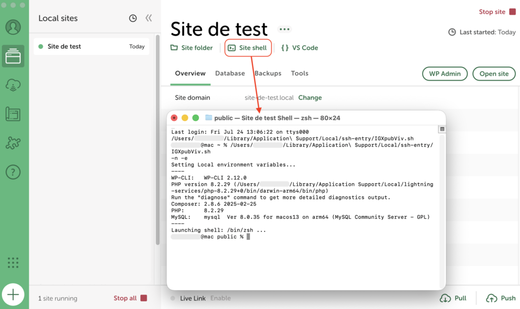 Clic sur "Site shell" depuis la fiche d'un site Local, ouvrant un terminal avec les informations WP-CLI, PHP et MySQL de l'environnement.