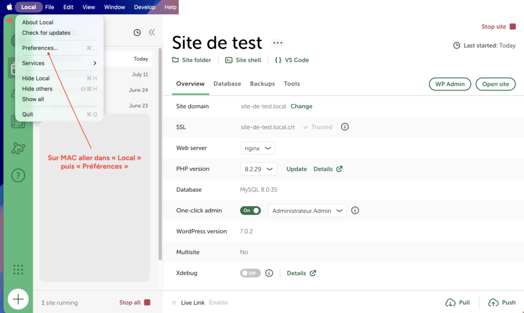 Accès au menu Préférences de Local depuis la barre de menu sur Mac.