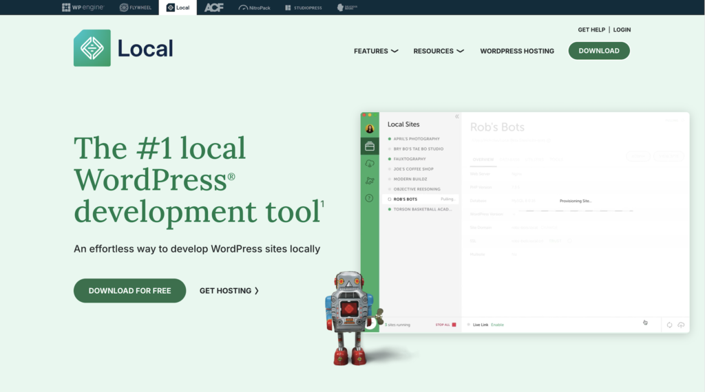 Page d'accueil du site officiel de Local pour télécharger le logiciel de développement WordPress en local.
