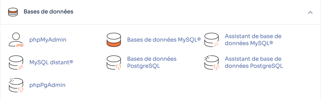 Section Bases de données du cPanel, avec les icônes phpMyAdmin, Bases de données MySQL, Assistant de base de données MySQL, MySQL distant, et leurs équivalents PostgreSQL.