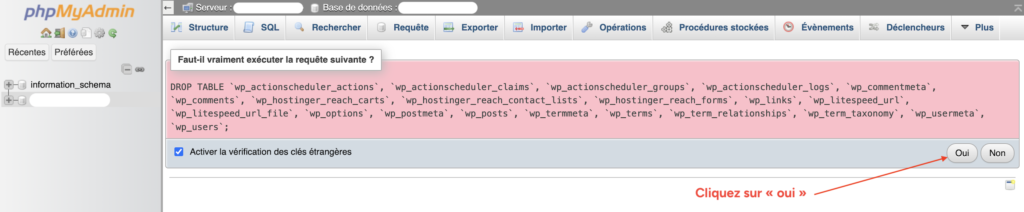 Fenêtre de confirmation phpMyAdmin avant l'exécution d'une requête DROP TABLE pour supprimer les tables existantes d'une base de données WordPress.