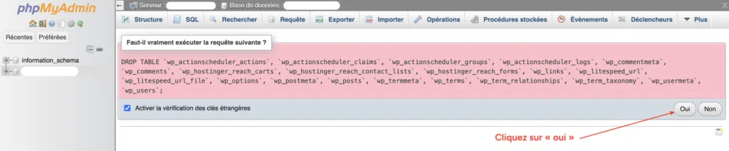 Fenêtre de confirmation phpMyAdmin avant l'exécution d'une requête DROP TABLE pour supprimer les tables existantes d'une base de données WordPress.