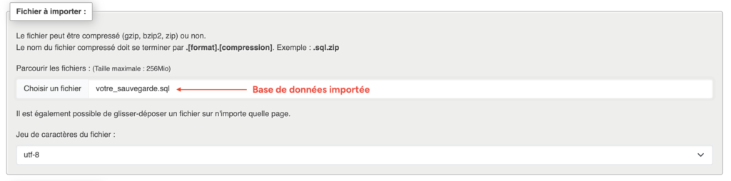 Onglet "Importer" de phpMyAdmin avec le fichier SQL sélectionné, prêt à être importé.