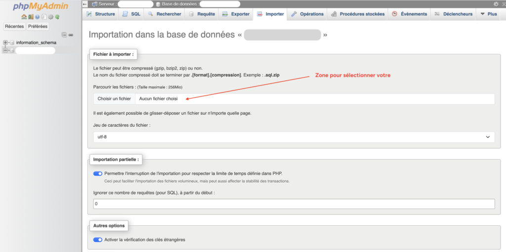 Onglet "Importer" de phpMyAdmin avec le champ de sélection de fichier, encore vide.