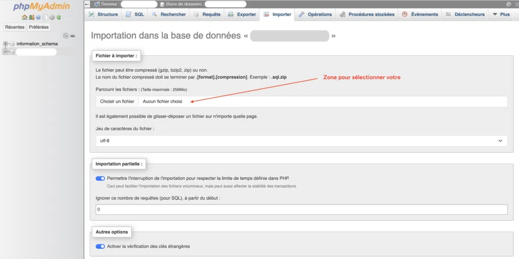 Onglet "Importer" de phpMyAdmin avec le champ de sélection de fichier, encore vide.
