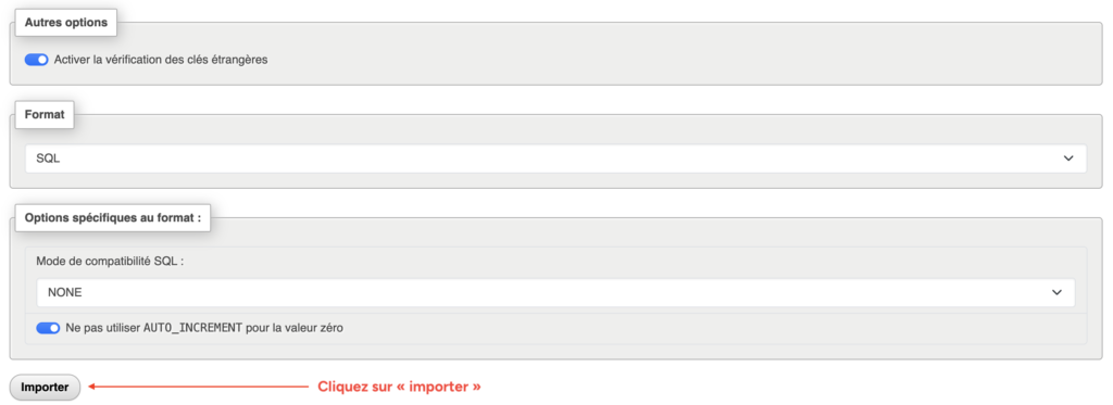 Bas de la page "Importer" de phpMyAdmin avec le format SQL et le bouton "Importer".