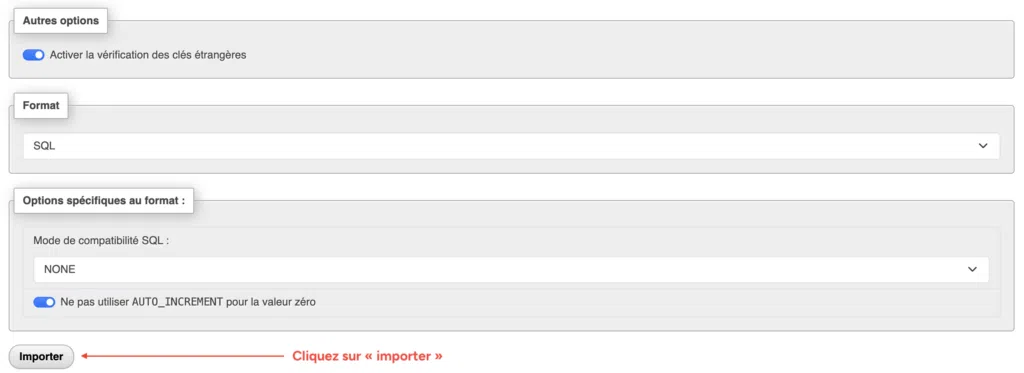 Bas de la page "Importer" de phpMyAdmin avec le format SQL et le bouton "Importer".