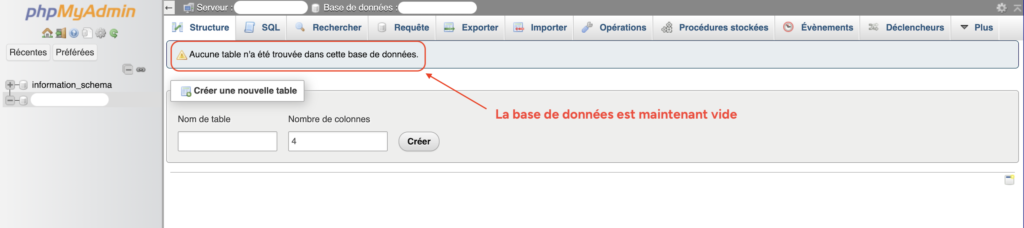 Onglet "Structure" de phpMyAdmin affichant qu'aucune table n'a été trouvée dans la base de données.