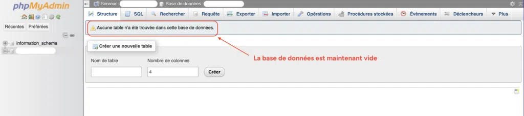 Onglet "Structure" de phpMyAdmin affichant qu'aucune table n'a été trouvée dans la base de données.