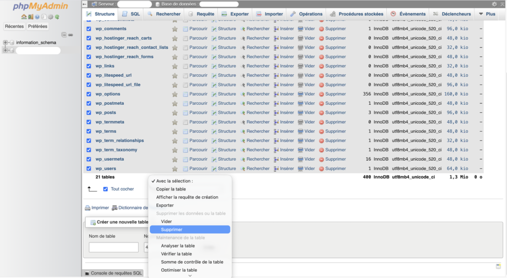 Onglet "Structure" de phpMyAdmin avec toutes les tables cochées et le menu déroulant "Avec la sélection" ouvert sur l'option "Supprimer".