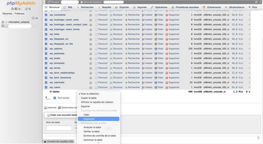 Onglet "Structure" de phpMyAdmin avec toutes les tables cochées et le menu déroulant "Avec la sélection" ouvert sur l'option "Supprimer".