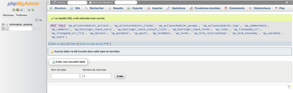 Message de succès dans phpMyAdmin confirmant l'exécution réussie de la requête de suppression des tables.