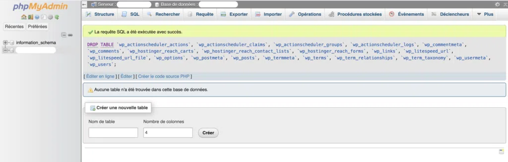 Message de succès dans phpMyAdmin confirmant l'exécution réussie de la requête de suppression des tables.