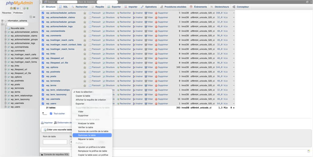 Menu déroulant "Avec la sélection" dans phpMyAdmin avec l'option "Optimiser la table" mise en évidence, toutes les tables cochées