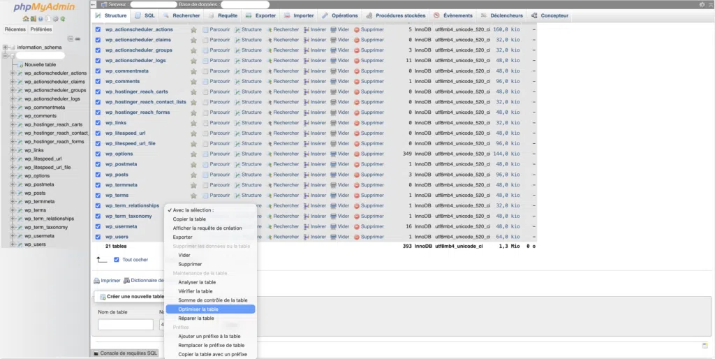 Menu déroulant "Avec la sélection" dans phpMyAdmin avec l'option "Optimiser la table" mise en évidence, toutes les tables cochées