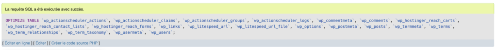 Message de succès dans phpMyAdmin confirmant l'exécution de la requête OPTIMIZE TABLE sur l'ensemble des tables de la base.
