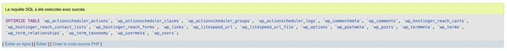 Message de succès dans phpMyAdmin confirmant l'exécution de la requête OPTIMIZE TABLE sur l'ensemble des tables de la base.