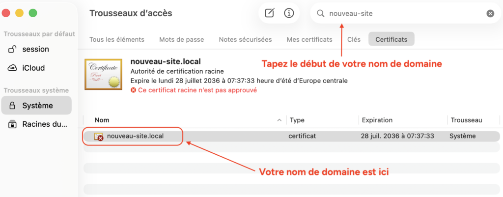 Application "Trousseaux d'accès" avec le nom de domaine du site recherché dans la barre de recherche.