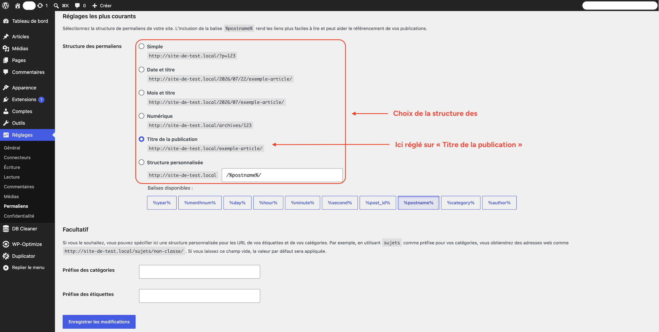 Réglage des permaliens WordPress avec la structure Titre de la publication sélectionnée sur Local.