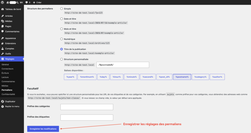 Page "Réglages Permaliens" de WordPress avec le bouton "Enregistrer les modifications".