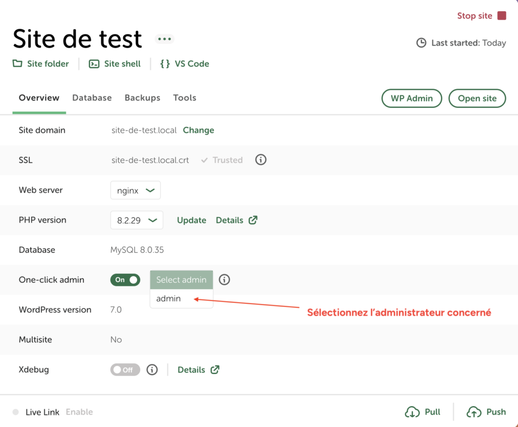 Sélection du compte administrateur pour l'option one-click admin sur Local.