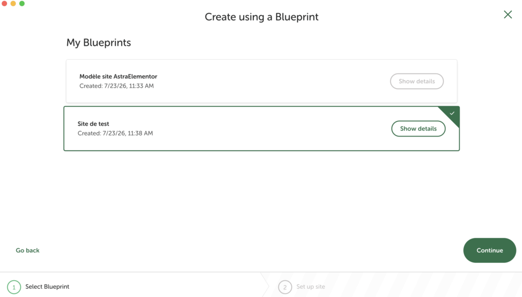 Écran « Create using a Blueprint » avec la liste des Blueprints enregistrés et sélection d'un modèle.
