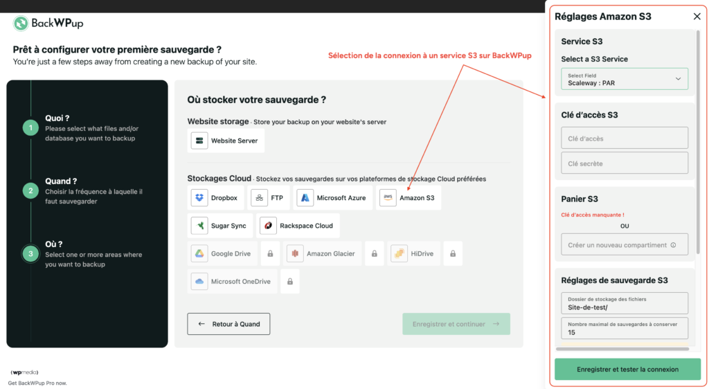Écran de configuration Amazon S3 dans BackWPup, avec Scaleway PAR sélectionné directement dans la liste des services, disponible dès la version gratuite du plugin.