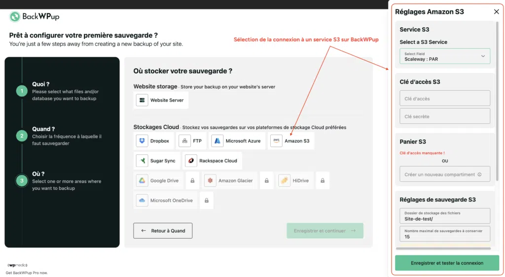 Écran de configuration Amazon S3 dans BackWPup, avec Scaleway PAR sélectionné directement dans la liste des services, disponible dès la version gratuite du plugin.