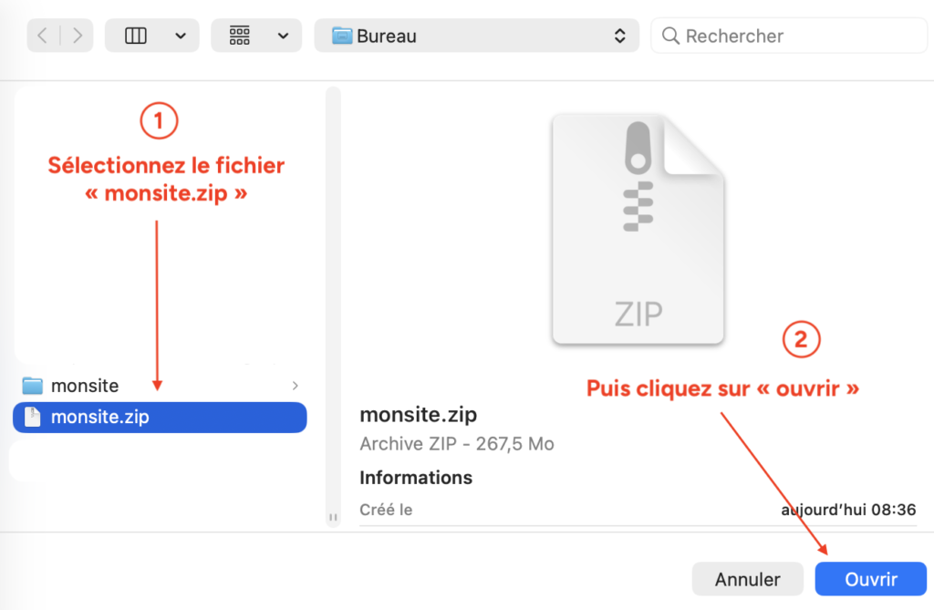 Fenêtre Finder avec le fichier "monsite.zip" sélectionné et le bouton "Ouvrir" en évidence.