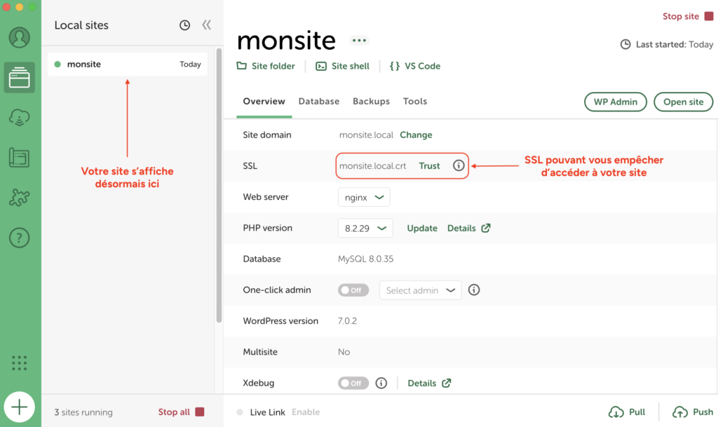 Fiche du site "monsite" affichée dans Local, avec le domaine "monsite.local" et le certificat SSL à faire confiance.