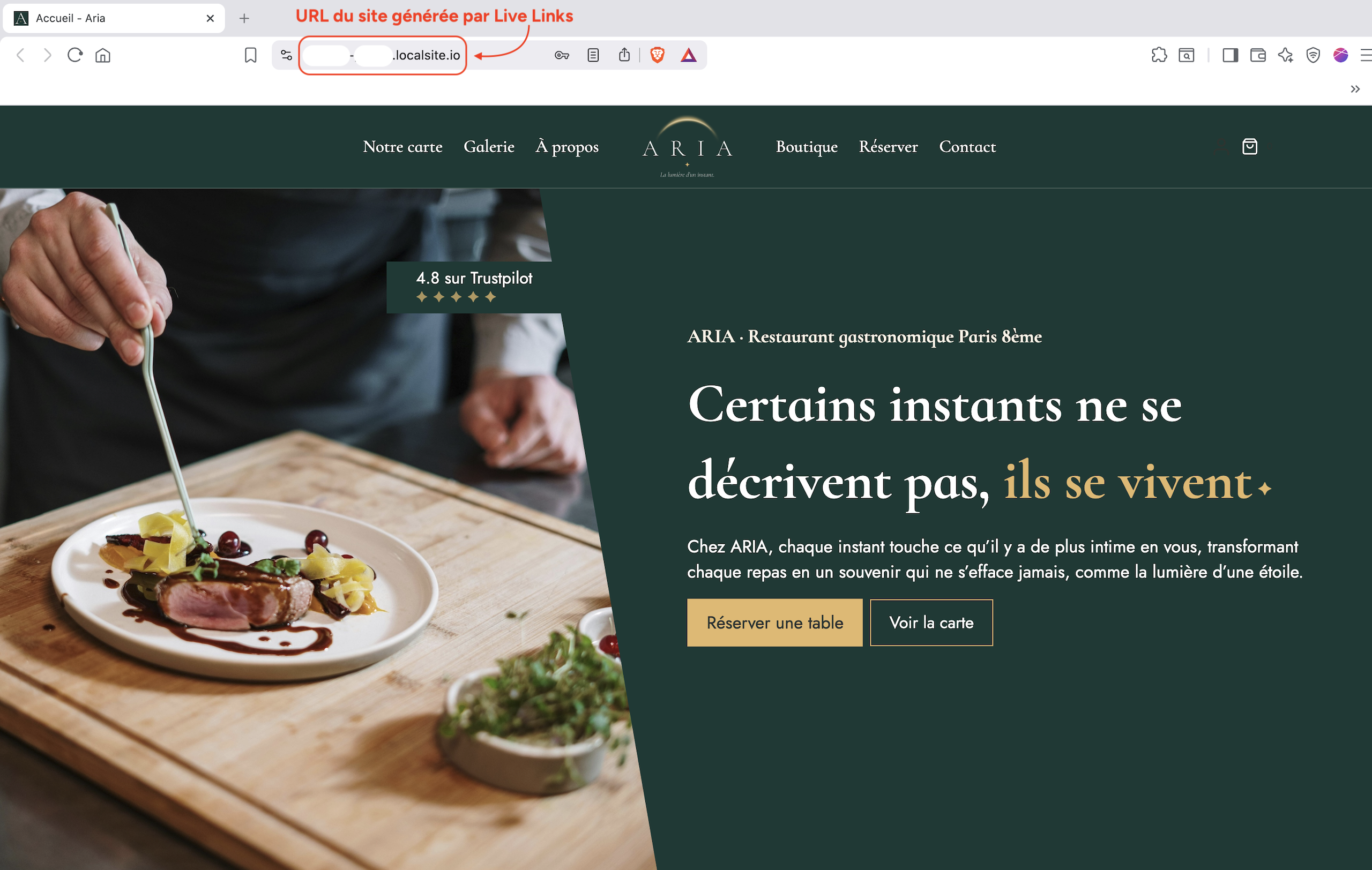 Site affiché dans le navigateur avec l'adresse générée par "Live Links" se terminant par ".localsite.io" visible dans la barre d'adresse.
