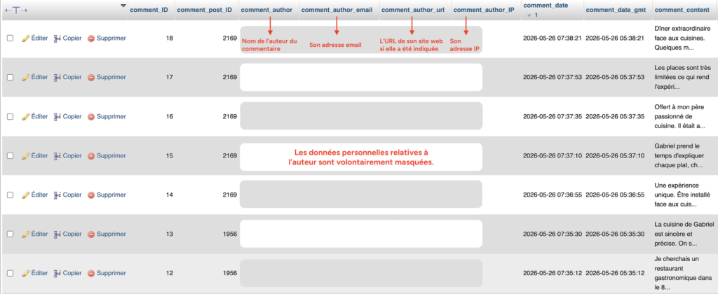 Capture d'écran de la table wp_comments dans phpMyAdmin, montrant plusieurs commentaires laissés sur un article de test, avec les colonnes comment_author, comment_author_email, comment_author_url et comment_author_IP volontairement masquées pour protéger les données personnelles.